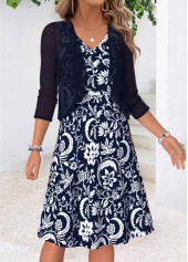 Navy dresses,Tribal dresses,Everyday dresses,Casual dresses,ROTITA Navy Tribal Print Two-piece V Neck Dress and Cardigan