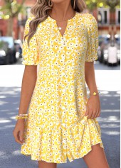 ROTITA Yellow Floral Print Shirred Short Split Neck Dress