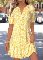 Yellow dresses,Floral dresses,Plants dresses,Everyday dresses,Casual dresses,ROTITA Yellow Floral Print Shirred Short Split Neck Dress