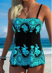 Cyan swimwear,Floral swimwear,Plants swimwear,ROTITA Cyan Tummy Coverage Floral Print Tankini Top