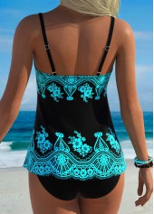 Cyan swimwear,Floral swimwear,Plants swimwear,ROTITA Cyan Tummy Coverage Floral Print Tankini Top