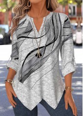 ROTITA Patchwork Geometric Print Light Grey Marl Split Neck Blouse