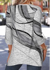 Light Grey Marl tops,Geometric tops,ROTITA Patchwork Geometric Print Light Grey Marl Split Neck Blouse