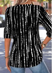 Black tops,Geometric tops,ROTITA Curved Hem Geometric Print Black V Neck Blouse