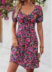 Robe courte à col cœur froncé et imprimé floral multicolore Rotita