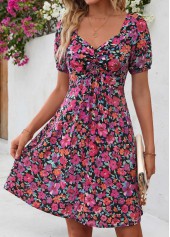 Multi Color dresses,Floral dresses,Plants dresses,Everyday dresses,Casual dresses,ROTITA Multi Color Floral Print Shirred Short Heart Collar Dress