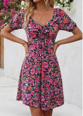 Multi Color dresses,Floral dresses,Plants dresses,Everyday dresses,Casual dresses,ROTITA Multi Color Floral Print Shirred Short Heart Collar Dress
