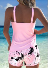 Light Pink swimwear,Tribal swimwear,ROTITA Light Pink Patchwork Feathers Print Mid Waisted Tankini Set