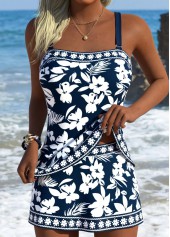 Navy swimwear,Floral swimwear,Plants swimwear,ROTITA Navy Tummy Coverage Floral Print Mid Waisted Tankini Set
