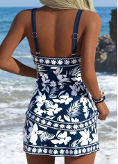 Navy swimwear,Floral swimwear,Plants swimwear,ROTITA Navy Tummy Coverage Floral Print Mid Waisted Tankini Set