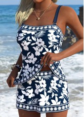 Navy swimwear,Floral swimwear,Plants swimwear,ROTITA Navy Tummy Coverage Floral Print Mid Waisted Tankini Set