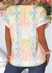 Multi Color tops,Geometric tops,ROTITA Tummy Coverage Geometric Print Multi Color Split Neck Blouse