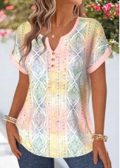 Multi Color tops,Geometric tops,ROTITA Tummy Coverage Geometric Print Multi Color Split Neck Blouse