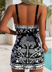 Black swimwear,Plants swimwear,ROTITA Black Tropical Plants Print Mid Waisted Tankini Set