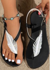 Feathers Print Black Falt Open Toe