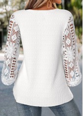 White tops,Plain Color tops,ROTITA Patchwork White Round Neck 3/4 Sleeve Blouse
