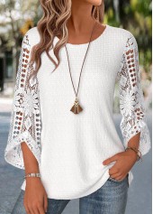 White tops,Plain Color tops,ROTITA Patchwork White Round Neck 3/4 Sleeve Blouse