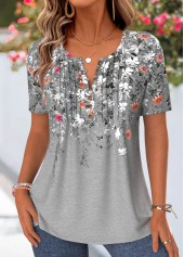 graues T-Shirt mit Rundhalsausschnitt und Blumenmuster Rotita-Faltenstich
