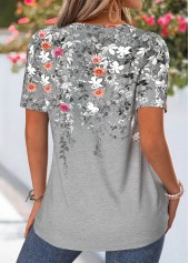 Grey tops,Floral tops,Plants tops,ROTITA Tuck Stitch Floral Print Grey Round Neck T Shirt
