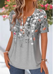 Grey tops,Floral tops,Plants tops,ROTITA Tuck Stitch Floral Print Grey Round Neck T Shirt