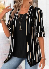 Black tops,Geometric tops,ROTITA Geometric Print Black Square Neck Fake Two Piece Twinset