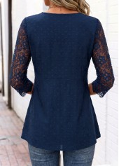 Navy tops,Plain Color tops,ROTITA Curved Hem Navy V Neck Long Sleeve Blouse