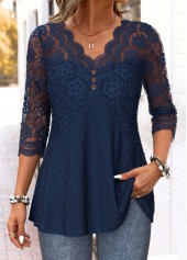 Navy tops,Plain Color tops,ROTITA Curved Hem Navy V Neck Long Sleeve Blouse