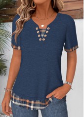 ROTITA Fake 2in1 Plaid Navy Split Neck T Shirt