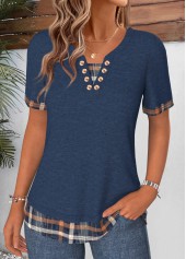 Navy tops,Plaid tops,Geometric tops,ROTITA Fake 2in1 Plaid Navy Split Neck T Shirt