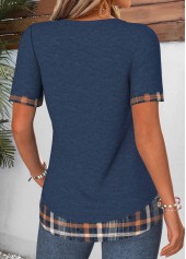 Navy tops,Plaid tops,Geometric tops,ROTITA Fake 2in1 Plaid Navy Split Neck T Shirt
