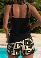 Black swimwear,Geometric swimwear,ROTITA Black Tummy Coverage Geometric Print Mid Waisted Tankini Set