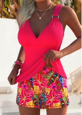 Coral swimwear,Floral swimwear,Plants swimwear,ROTITA Coral Tummy Coverage Floral Print Mid Waisted Tankini Set