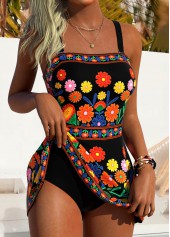 ROTITA Black Tummy Coverage Floral Print One Piece Swimdress