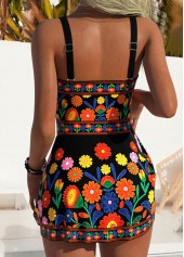 Black swimwear,Floral swimwear,Plants swimwear,ROTITA Black Tummy Coverage Floral Print One Piece Swimdress