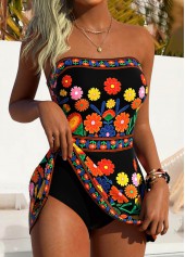 Black swimwear,Floral swimwear,Plants swimwear,ROTITA Black Tummy Coverage Floral Print One Piece Swimdress
