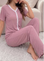 Pink loungewear,Plain Color loungewear,Pink V Neck Short Sleeve Lounge Top and Pants