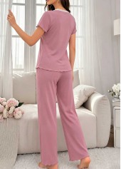 Pink loungewear,Plain Color loungewear,Pink V Neck Short Sleeve Lounge Top and Pants