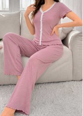 Pink V Neck Short Sleeve Lounge Top and Pants