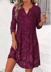 Wine Red dresses,Plants dresses,Floral dresses,Everyday dresses,Casual dresses,ROTITA Wine Red Random Floral Print Tuck Stitch Short Dress