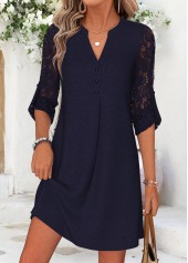 ROTITA Navy Patchwork Short Split Neck Long Sleeve Dress
