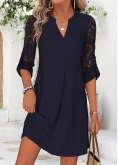 Navy dresses,Plain Color dresses,Everyday dresses,Casual dresses,ROTITA Navy Patchwork Short Split Neck Long Sleeve Dress