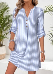 ROTITA Blue Striped Tummy Coverage Short Split Neck Dress