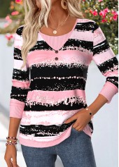 ROTITA Fake 2in1 Geometric Print Pink V Neck T Shirt