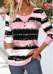 Pink tops,Geometric tops,ROTITA Fake 2in1 Geometric Print Pink V Neck T Shirt