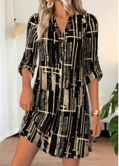 Rotita schwarzes Kleid mit geometrischem Muster kurzem Halsausschnitt und halben Ärmeln V-Ausschnitt