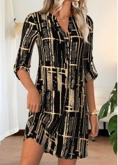 Black dresses,Geometric dresses,Everyday dresses,Casual dresses,ROTITA Black Geometric Print Short Split Neck Half Sleeve Dress