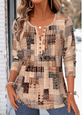 Rotita Tuck Stitch Tribal Print Light Coffee T-Shirt