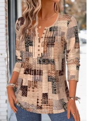 Light Coffee tops,Tribal tops,ROTITA Tuck Stitch Tribal Print Light Coffee T Shirt