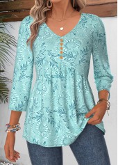 ROTITA Curved Hem Paisley Print Cyan V Neck Blouse