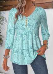 Cyan tops,Paisley tops,ROTITA Curved Hem Paisley Print Cyan V Neck Blouse